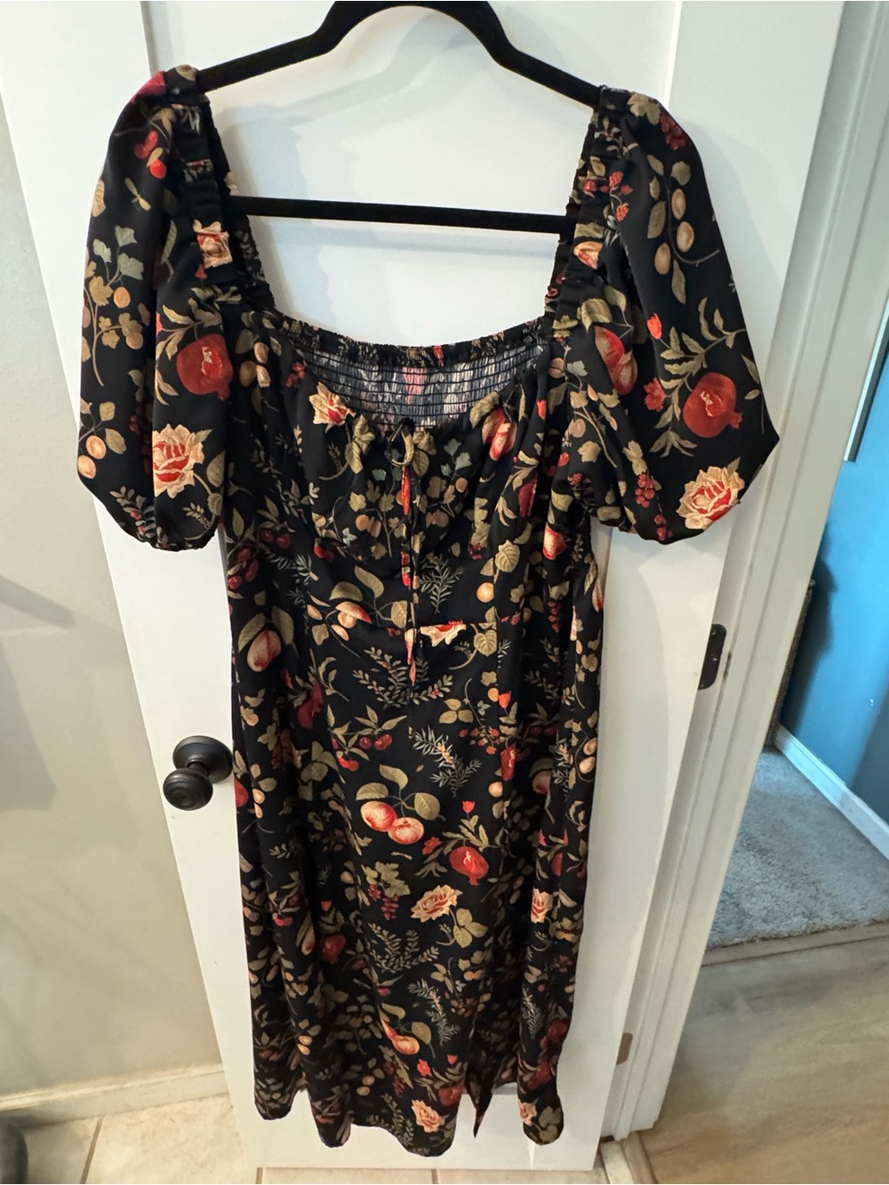 NWT Cider Black Floral Botanical Smocked Puff Sleeve MIDI Dress 1X
